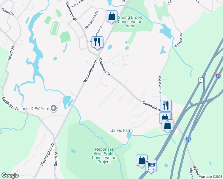 map of restaurants, bars, coffee shops, grocery stores, and more near 15 Queens Court in Walpole