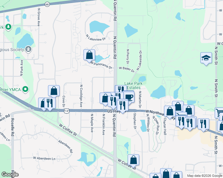 map of restaurants, bars, coffee shops, grocery stores, and more near 900 North Quentin Road in Palatine