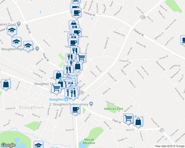 map of restaurants, bars, coffee shops, grocery stores, and more near 35 Union Street in Stoughton