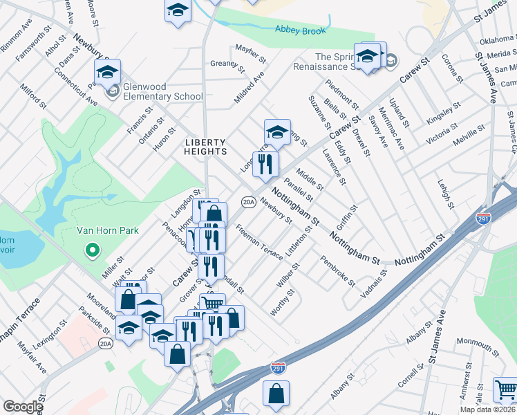 map of restaurants, bars, coffee shops, grocery stores, and more near 874 Carew Street in Springfield