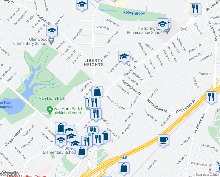 map of restaurants, bars, coffee shops, grocery stores, and more near 874 Carew Street in Springfield