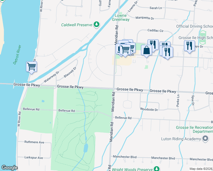 map of restaurants, bars, coffee shops, grocery stores, and more near 9400 Parke Lane in Grosse Ile Township