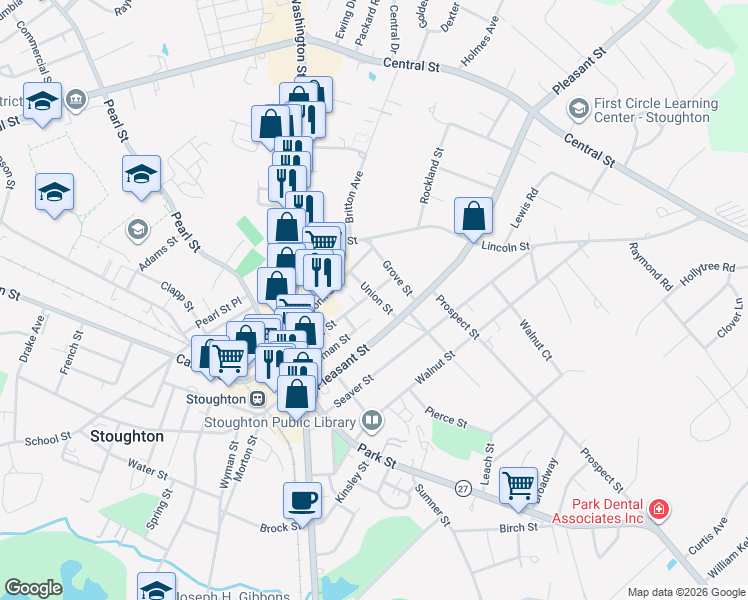 map of restaurants, bars, coffee shops, grocery stores, and more near 173 Porter Street in Stoughton