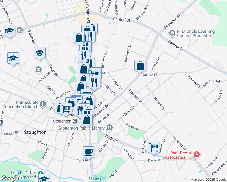 map of restaurants, bars, coffee shops, grocery stores, and more near 25 Union Street in Stoughton