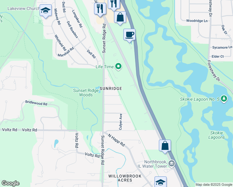 map of restaurants, bars, coffee shops, grocery stores, and more near 320 Park Drive in Northbrook