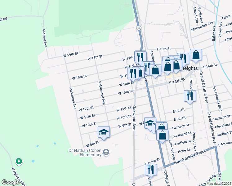 map of restaurants, bars, coffee shops, grocery stores, and more near 206 West 13th Street in Elmira