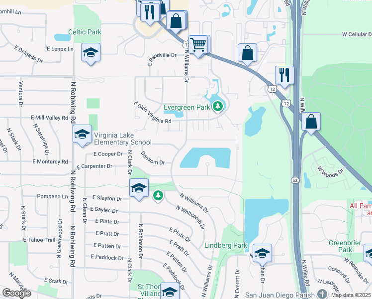 map of restaurants, bars, coffee shops, grocery stores, and more near 941 North Williams Drive in Palatine
