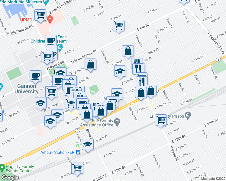 map of restaurants, bars, coffee shops, grocery stores, and more near 239 East 10th Street in Erie