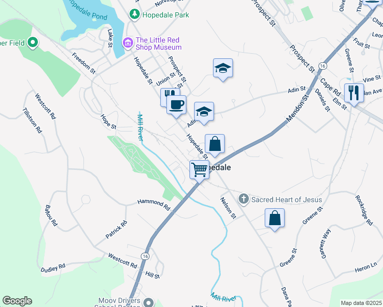 map of restaurants, bars, coffee shops, grocery stores, and more near 104 Hopedale Street in Hopedale