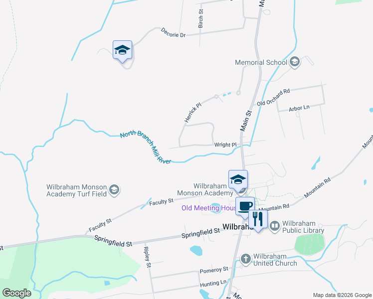 map of restaurants, bars, coffee shops, grocery stores, and more near 30 Wright Place in Wilbraham