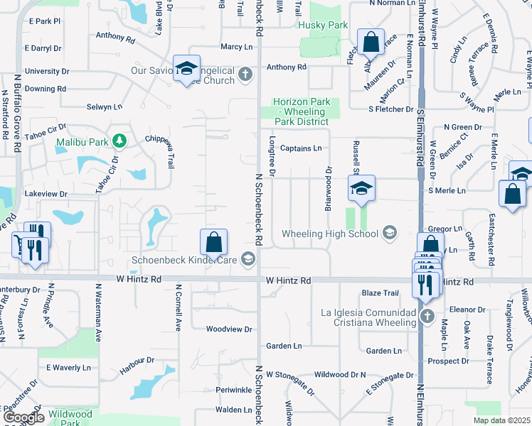 map of restaurants, bars, coffee shops, grocery stores, and more near 2912 North Schoenbeck Road in Arlington Heights