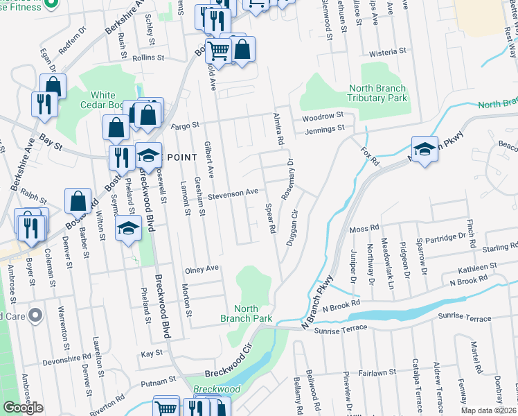 map of restaurants, bars, coffee shops, grocery stores, and more near 138 Spear Road in Springfield