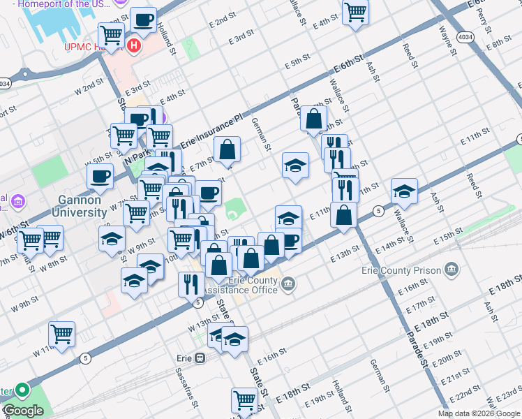 map of restaurants, bars, coffee shops, grocery stores, and more near 917 Holland Street in Erie
