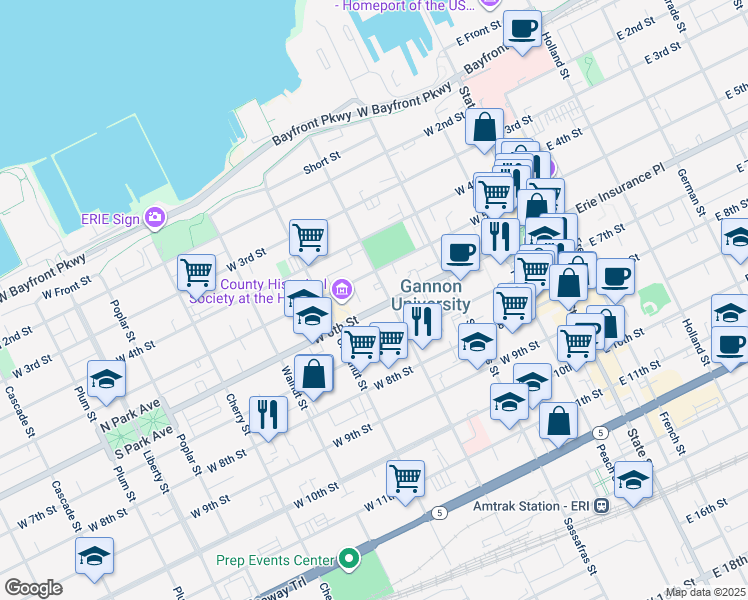 map of restaurants, bars, coffee shops, grocery stores, and more near 315 West 5th Street in Erie