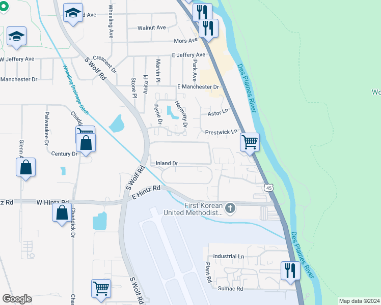 map of restaurants, bars, coffee shops, grocery stores, and more near 403 Inland Drive in Wheeling