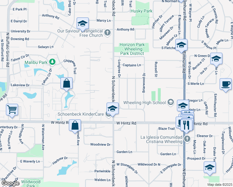 map of restaurants, bars, coffee shops, grocery stores, and more near 2912 North Schoenbeck Road in Arlington Heights