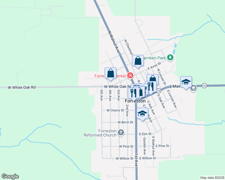 map of restaurants, bars, coffee shops, grocery stores, and more near 102 4th Avenue in Forreston