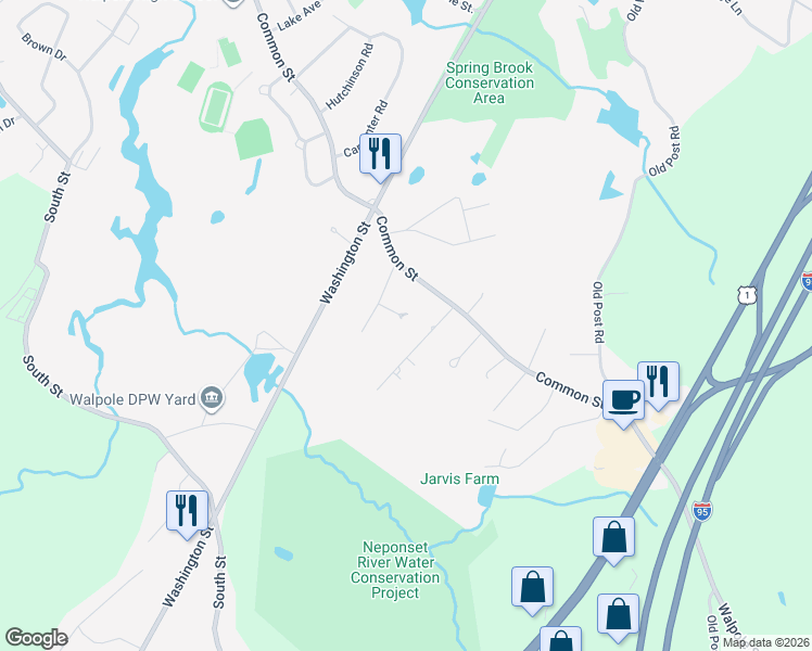 map of restaurants, bars, coffee shops, grocery stores, and more near 15 Queens Court in Walpole