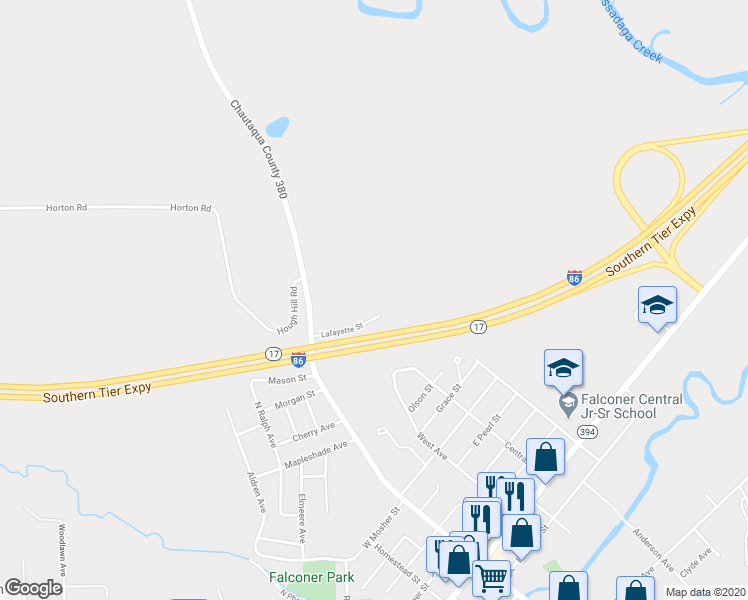 map of restaurants, bars, coffee shops, grocery stores, and more near 2160 Lafayette Street in Falconer