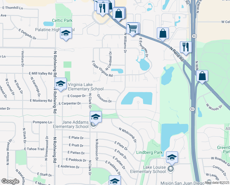 map of restaurants, bars, coffee shops, grocery stores, and more near 1135 East Cooper Drive in Palatine