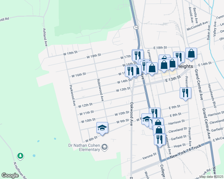 map of restaurants, bars, coffee shops, grocery stores, and more near 220 West 13th Street in Elmira