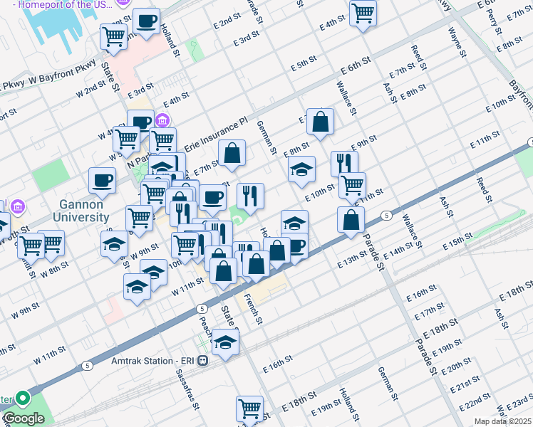 map of restaurants, bars, coffee shops, grocery stores, and more near 214 East 10th Street in Erie