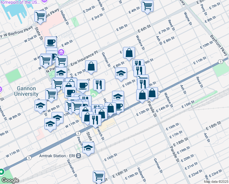 map of restaurants, bars, coffee shops, grocery stores, and more near 241 East 10th Street in Erie