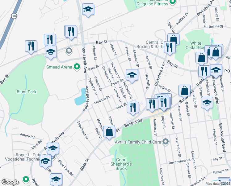 map of restaurants, bars, coffee shops, grocery stores, and more near 118 Samuel St in Springfield