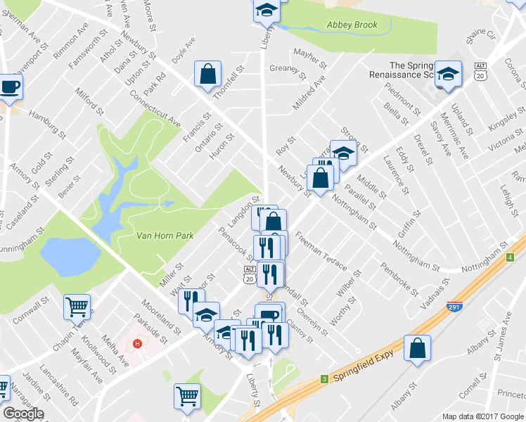 map of restaurants, bars, coffee shops, grocery stores, and more near 57 Home Street in Springfield