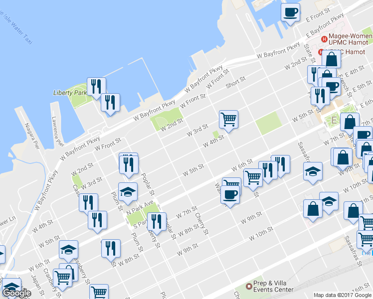 map of restaurants, bars, coffee shops, grocery stores, and more near 526 West 4th Street in Erie