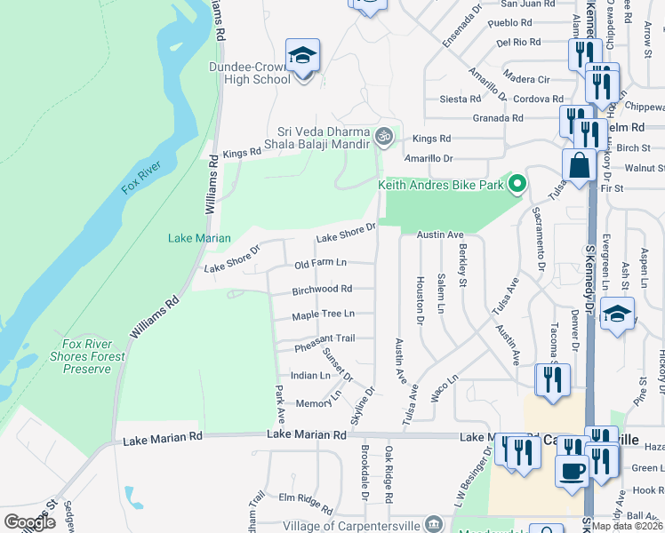 map of restaurants, bars, coffee shops, grocery stores, and more near 141 Old Farm Lane in Carpentersville