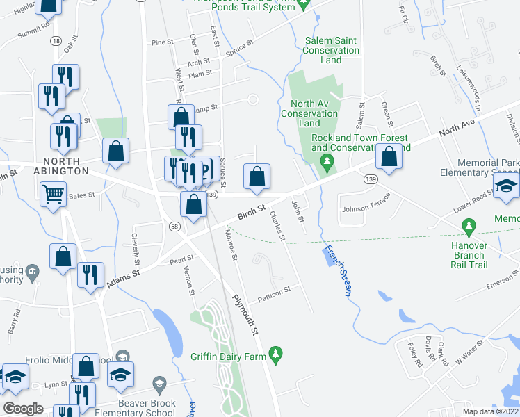 map of restaurants, bars, coffee shops, grocery stores, and more near 222 Birch Street in Abington