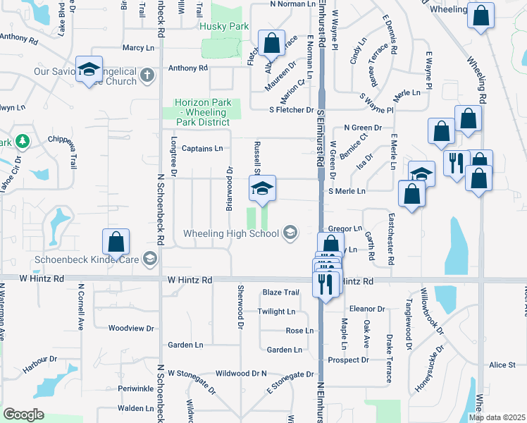 map of restaurants, bars, coffee shops, grocery stores, and more near 900 South Elmhurst Road in Wheeling