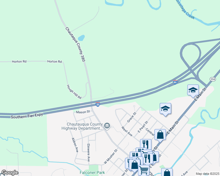 map of restaurants, bars, coffee shops, grocery stores, and more near 2160 Lafayette Street in Falconer
