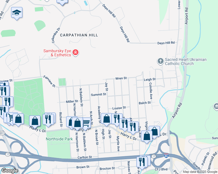 map of restaurants, bars, coffee shops, grocery stores, and more near 213 Jay St in Johnson City