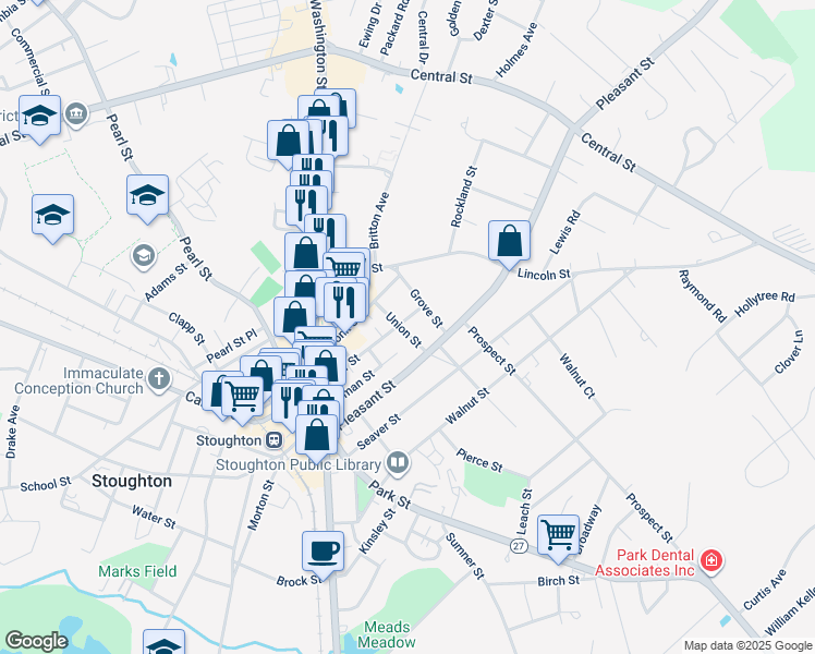 map of restaurants, bars, coffee shops, grocery stores, and more near 35 Union Street in Stoughton