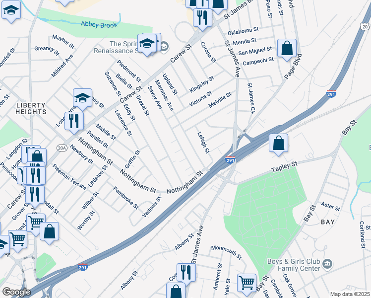 map of restaurants, bars, coffee shops, grocery stores, and more near 85 Savoy Avenue in Springfield