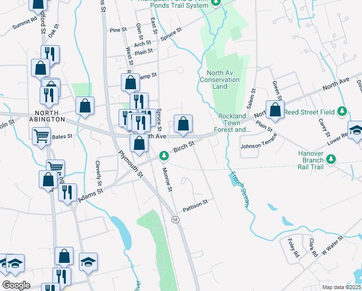 map of restaurants, bars, coffee shops, grocery stores, and more near 184 Birch Street in Abington