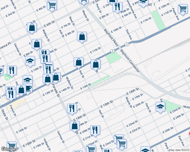 map of restaurants, bars, coffee shops, grocery stores, and more near 645 East 14th Street in Erie