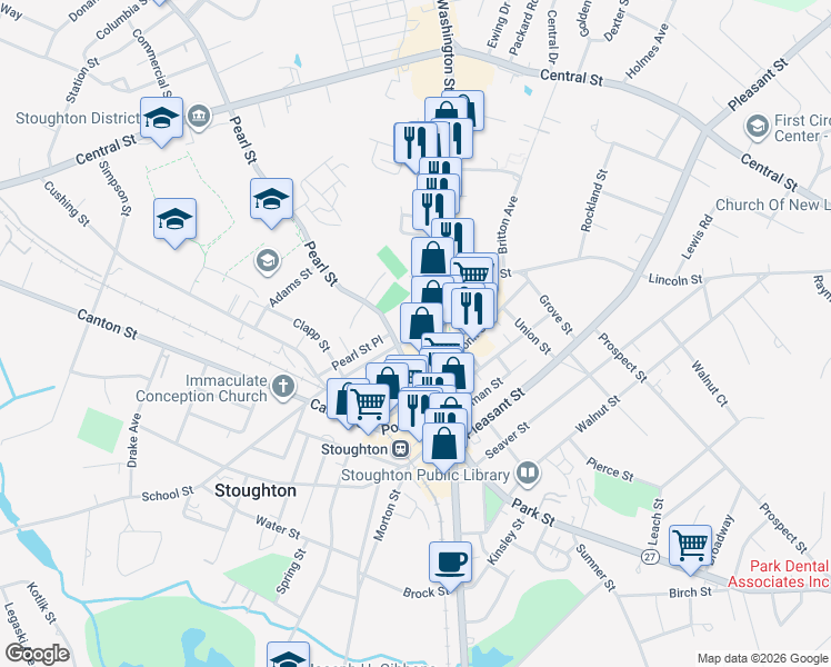 map of restaurants, bars, coffee shops, grocery stores, and more near 25 School Street in Stoughton