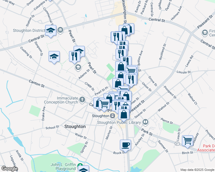 map of restaurants, bars, coffee shops, grocery stores, and more near 88 Pearl Street in Stoughton