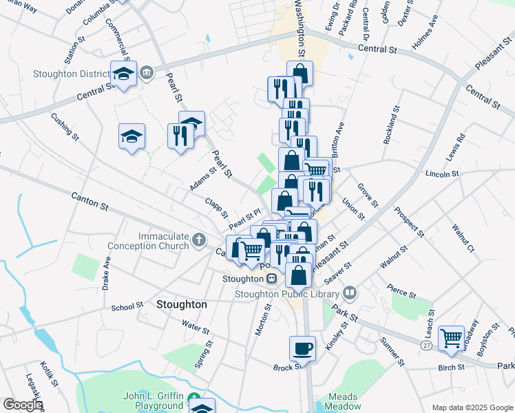 map of restaurants, bars, coffee shops, grocery stores, and more near 88 Pearl Street in Stoughton