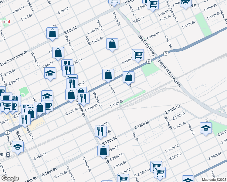 map of restaurants, bars, coffee shops, grocery stores, and more near 613 East 13th Street in Erie