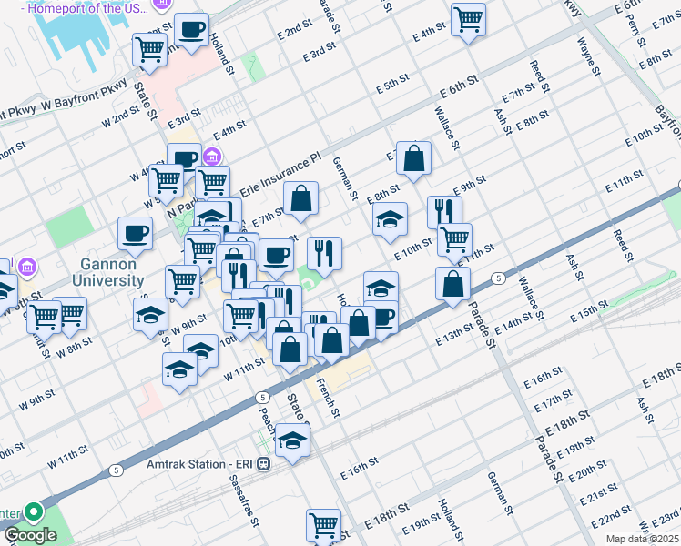 map of restaurants, bars, coffee shops, grocery stores, and more near 917 Holland Street in Erie