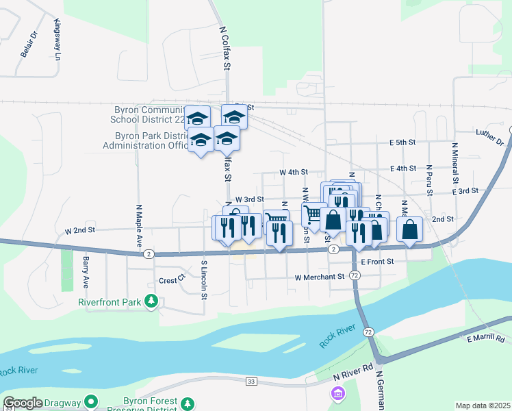 map of restaurants, bars, coffee shops, grocery stores, and more near 230 North Lafayette Street in Byron