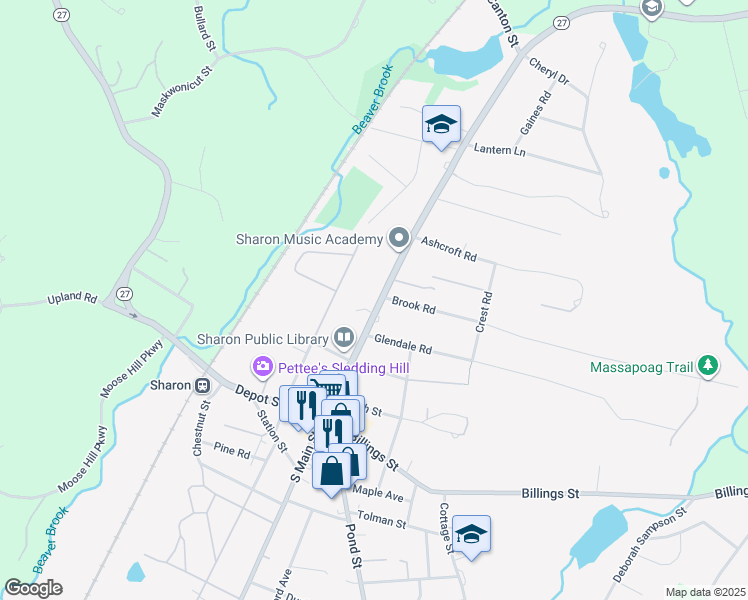 map of restaurants, bars, coffee shops, grocery stores, and more near 86 North Main Street in Sharon