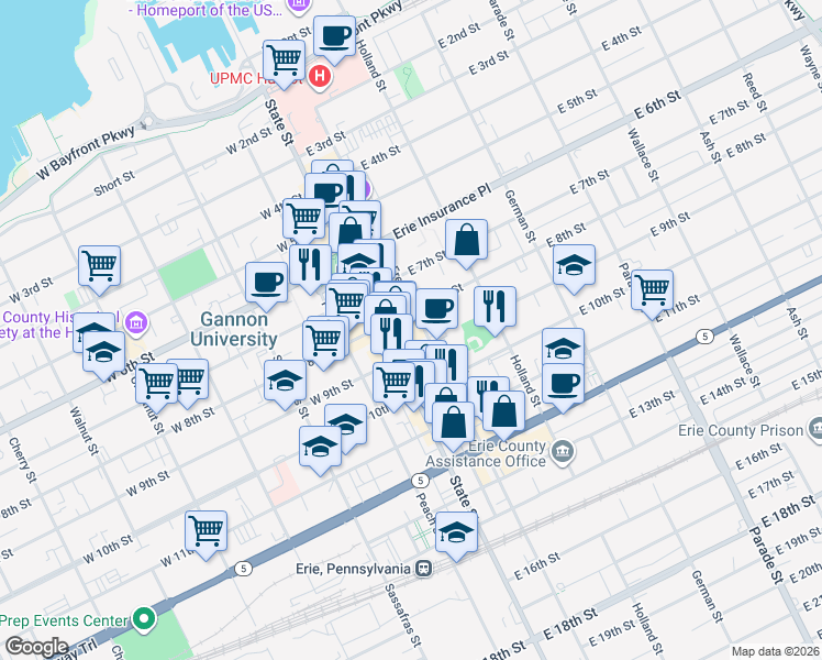 map of restaurants, bars, coffee shops, grocery stores, and more near 811 State Street in Erie