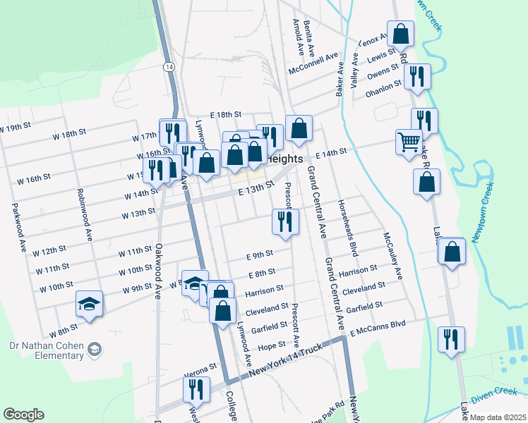 map of restaurants, bars, coffee shops, grocery stores, and more near 130 East 11th Street in Elmira