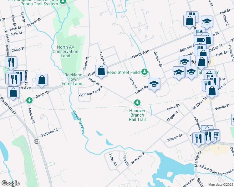 map of restaurants, bars, coffee shops, grocery stores, and more near 52 Mackinlay Way in Rockland