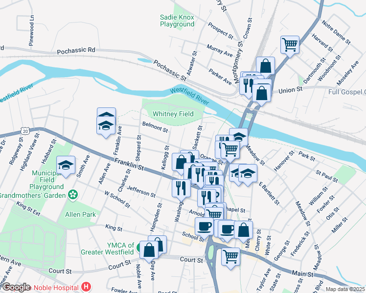 map of restaurants, bars, coffee shops, grocery stores, and more near 55 Orange Street in Westfield